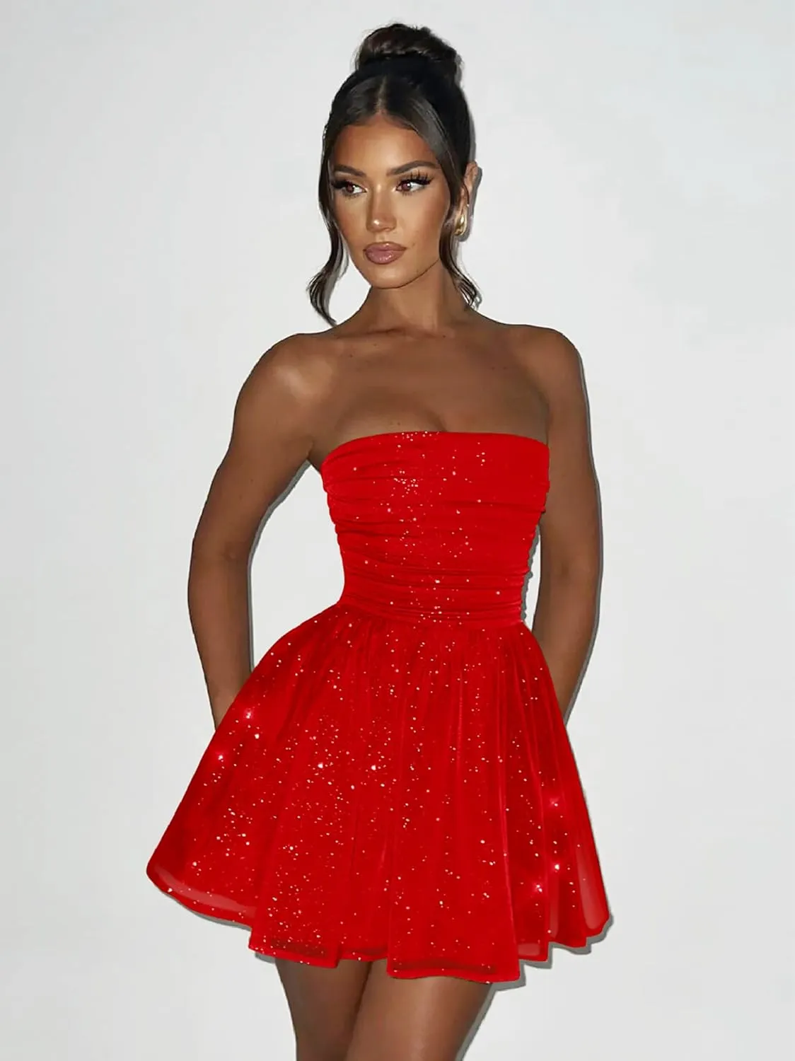 DAAWENXI Women's Sexy Strapless Mini Dress Sequin Ruched Bow Graduation Party Prom Short Dresses
