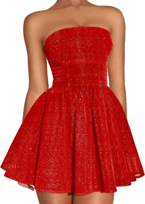 DAAWENXI Women's Sexy Strapless Mini Dress Sequin Ruched Bow Graduation Party Prom Short Dresses