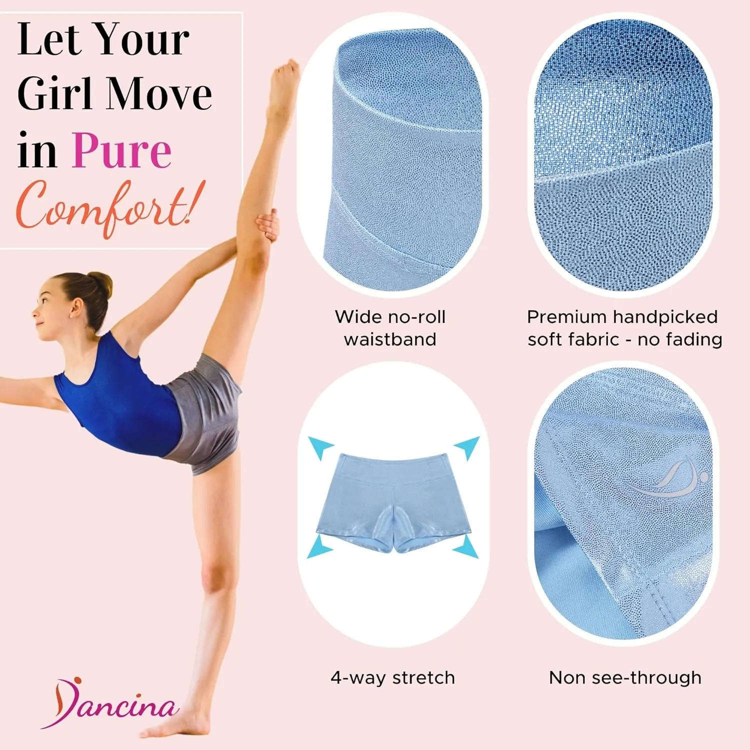 Dancina Gymnastics Shorts Athletic Dance Wear - Little Big Girls Classic and Metallic Sparkle