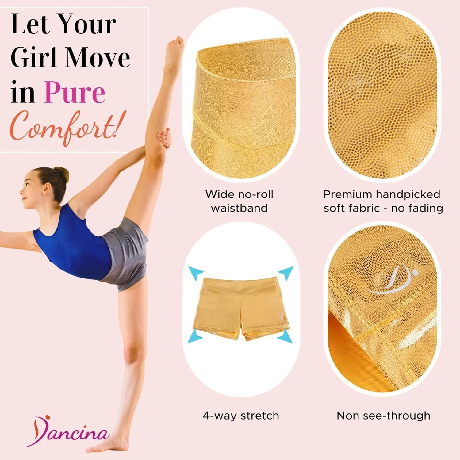 Dancina Gymnastics Shorts Athletic Dance Wear - Little Big Girls Classic and Metallic Sparkle