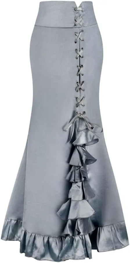Dayiss Women's Vintage Victorian Gothic Mermaid Long Skirt High Waist Ruffled Fishtail Pencil Maxi Solid Steampunk Skirts