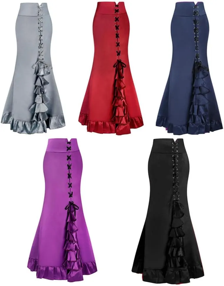 Dayiss Women's Vintage Victorian Gothic Mermaid Long Skirt High Waist Ruffled Fishtail Pencil Maxi Solid Steampunk Skirts