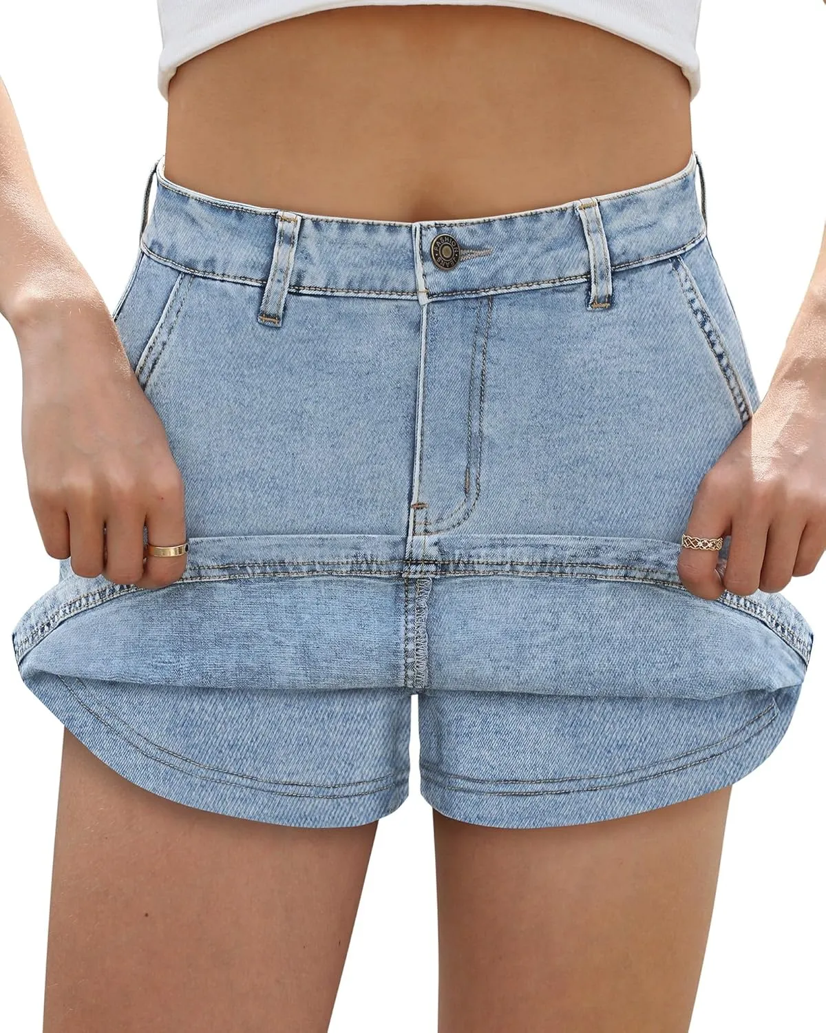 Denim Skort Skirts for Women Low Waisted Stretchy Mini Jean Skirt Casual Cute Going Out Skorts with Pockets Raw Hem