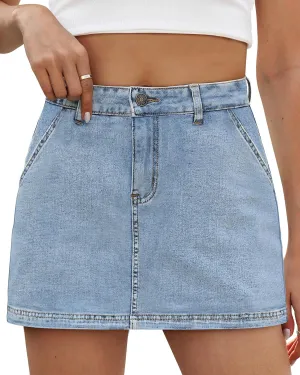 Denim Skort Skirts for Women Low Waisted Stretchy Mini Jean Skirt Casual Cute Going Out Skorts with Pockets Raw Hem