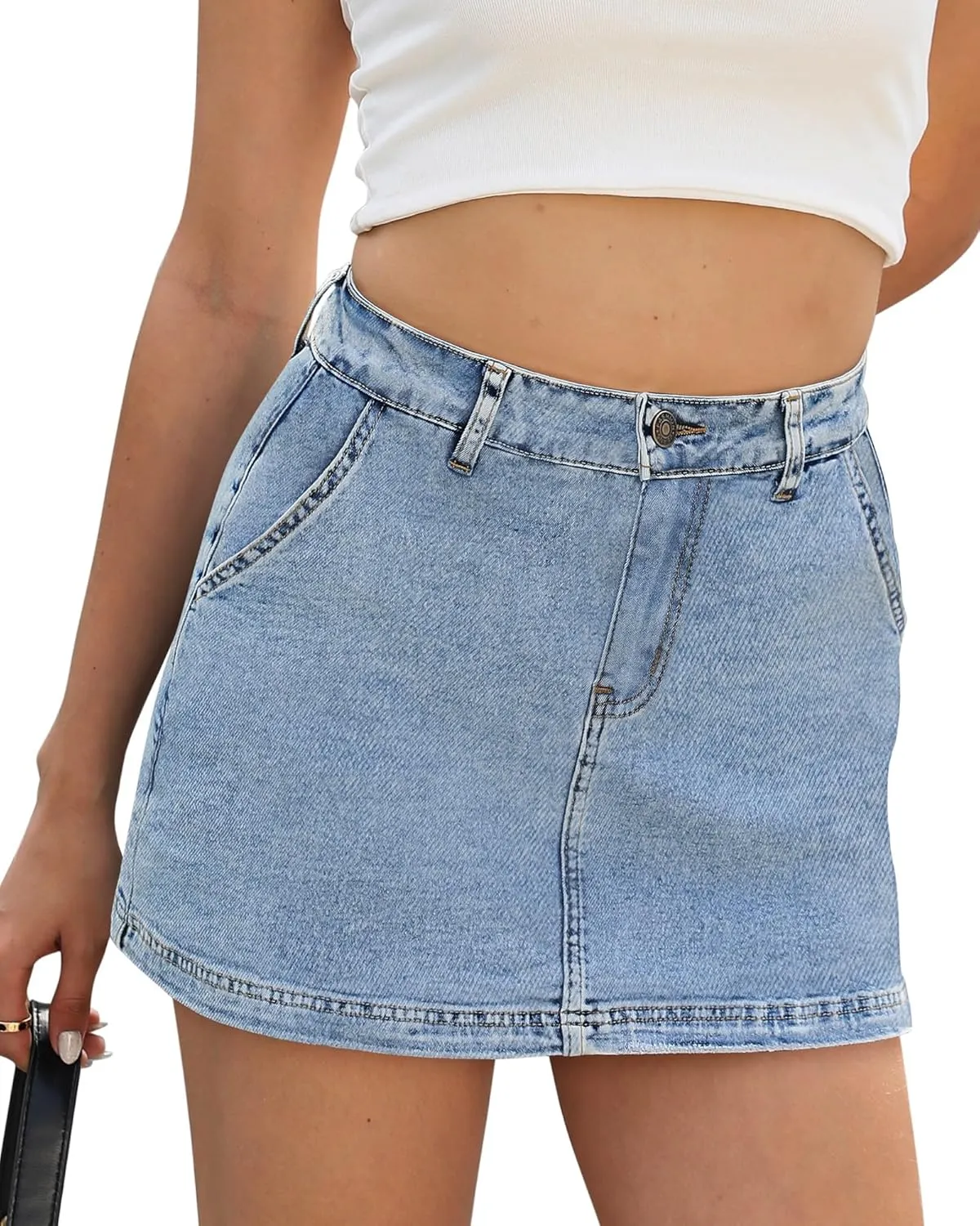 Denim Skort Skirts for Women Low Waisted Stretchy Mini Jean Skirt Casual Cute Going Out Skorts with Pockets Raw Hem