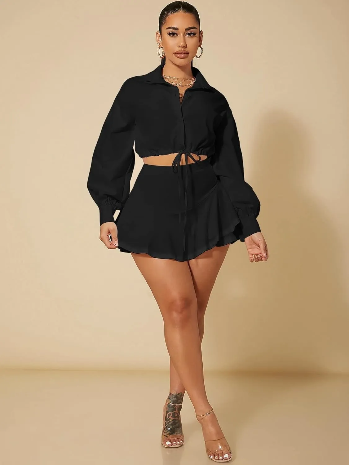 DIERAN Summer Womens Casual Shorts High Waist Ruffle Hem Skort