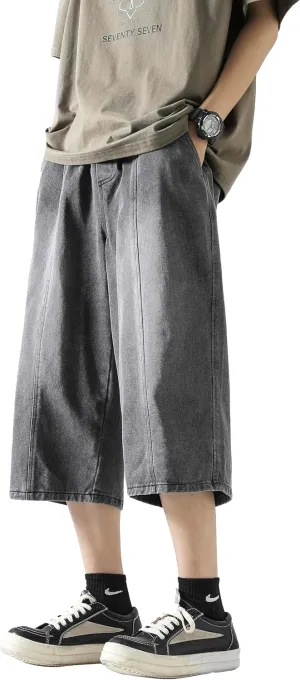 DOSLAVIDA Men's Baggy Jean Shorts Relaxed Fit Summer Denim Short Casual Loose Fit Hip Hop Skateboard Cropped Jeans