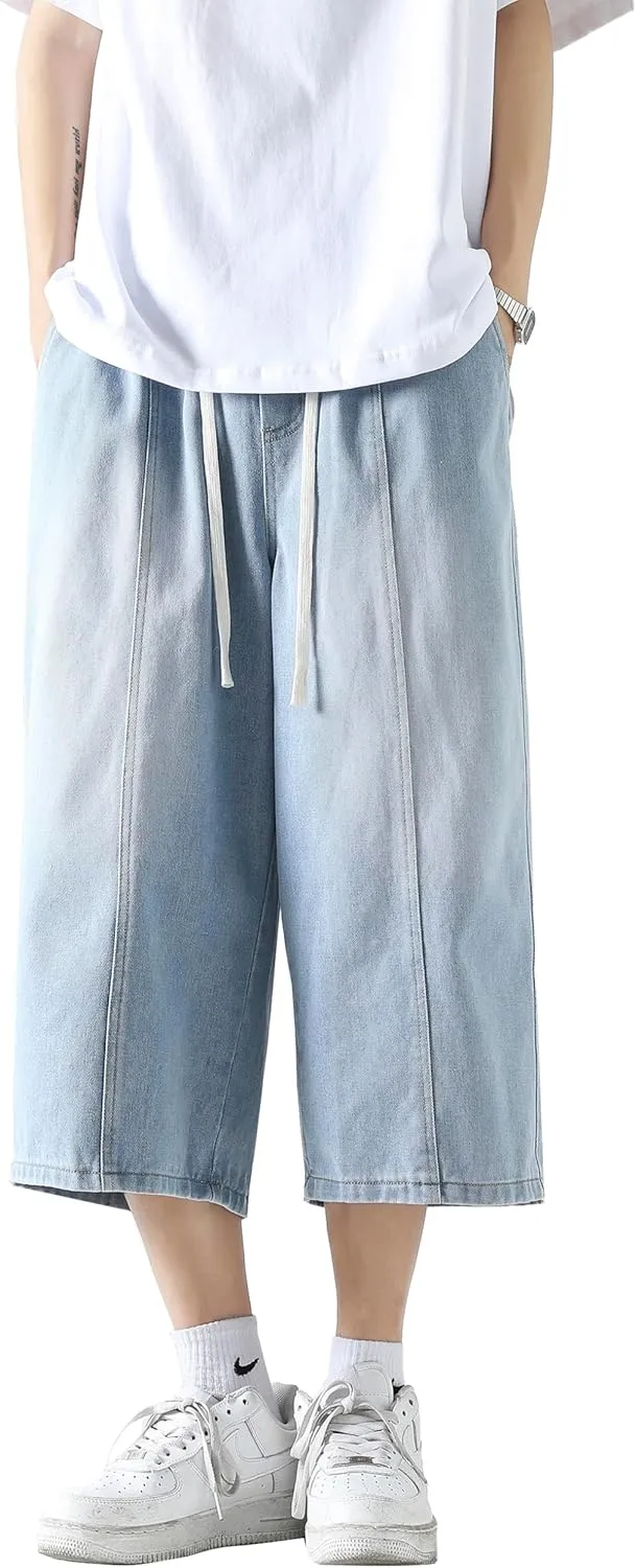 DOSLAVIDA Men's Baggy Jean Shorts Relaxed Fit Summer Denim Short Casual Loose Fit Hip Hop Skateboard Cropped Jeans