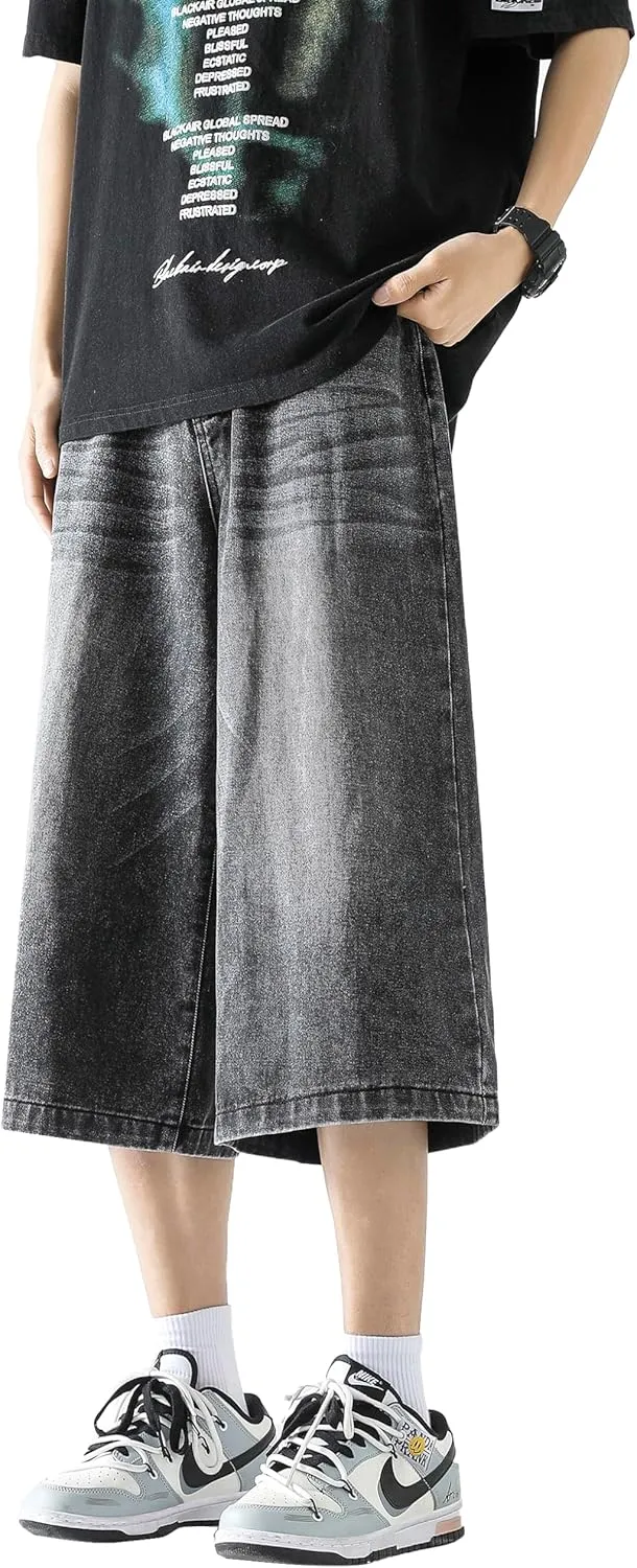 DOSLAVIDA Men's Baggy Jean Shorts Relaxed Fit Summer Denim Short Casual Loose Fit Hip Hop Skateboard Cropped Jeans