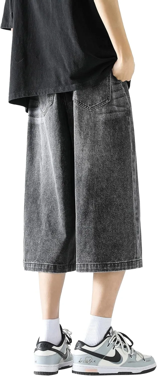 DOSLAVIDA Men's Baggy Jean Shorts Relaxed Fit Summer Denim Short Casual Loose Fit Hip Hop Skateboard Cropped Jeans