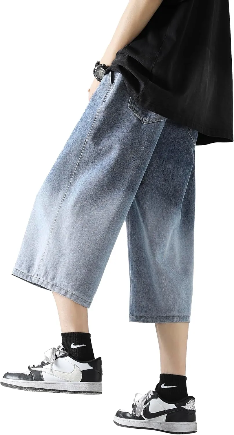 DOSLAVIDA Men's Baggy Jean Shorts Relaxed Fit Summer Denim Short Casual Loose Fit Hip Hop Skateboard Cropped Jeans