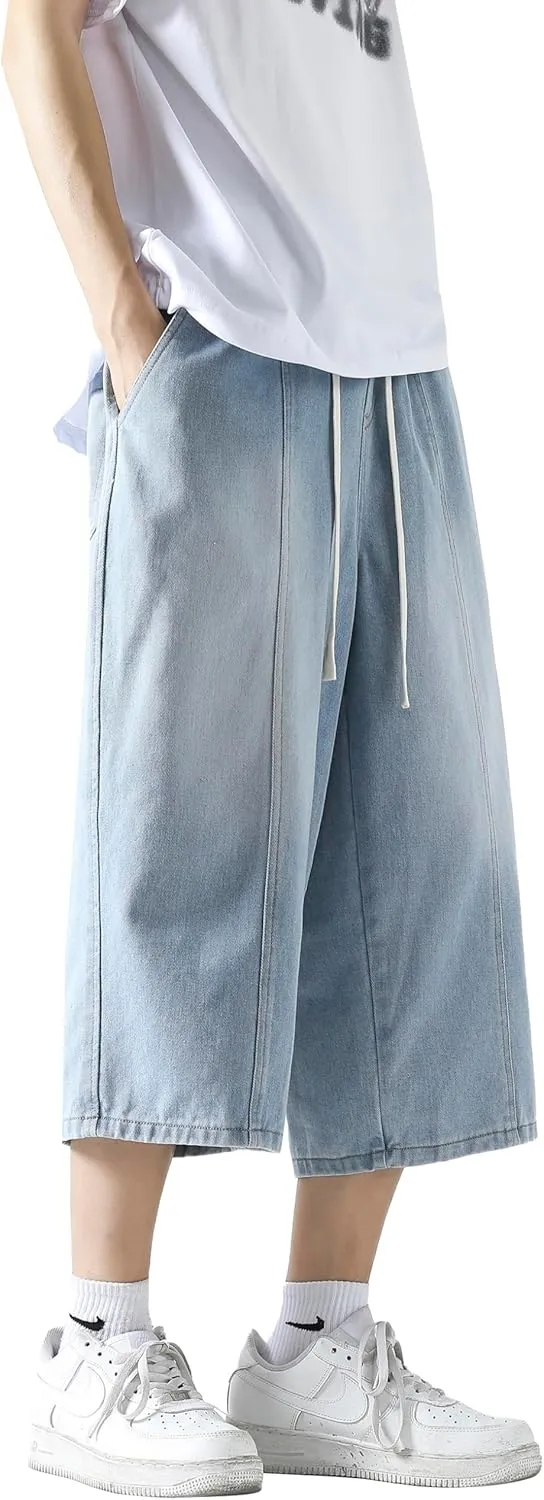 DOSLAVIDA Men's Baggy Jean Shorts Relaxed Fit Summer Denim Short Casual Loose Fit Hip Hop Skateboard Cropped Jeans