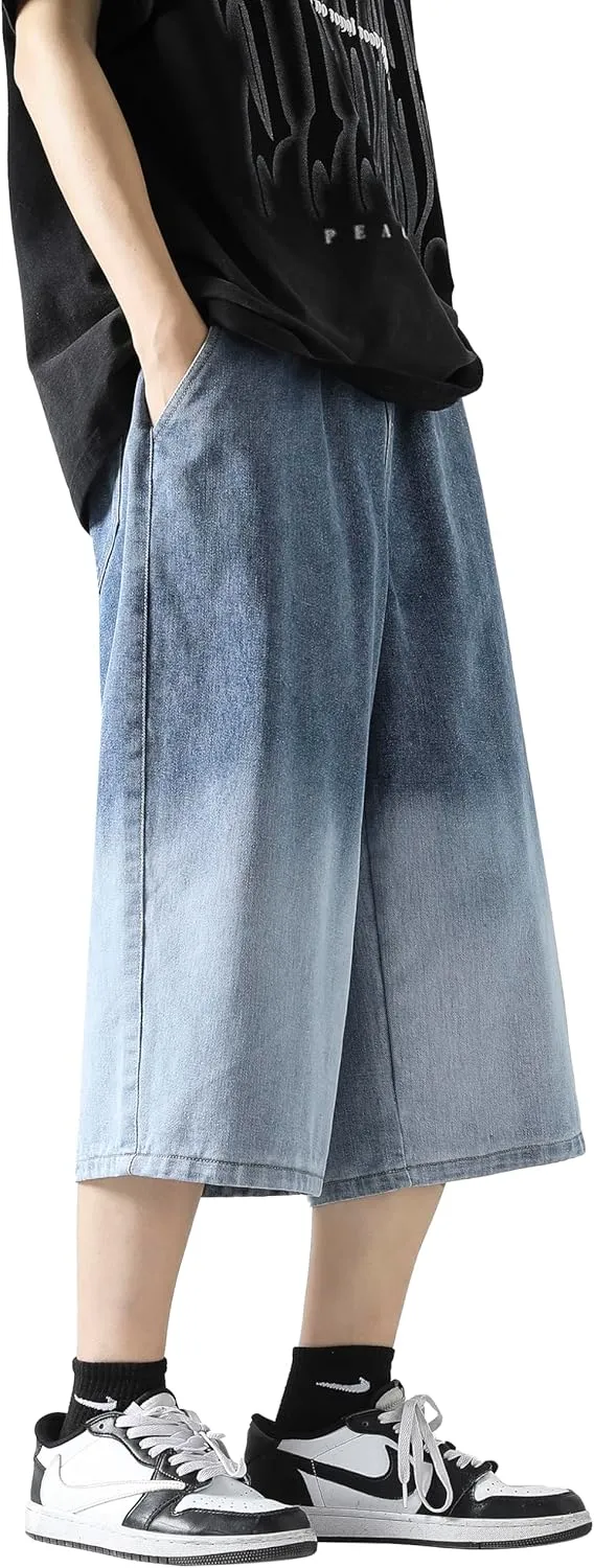 DOSLAVIDA Men's Baggy Jean Shorts Relaxed Fit Summer Denim Short Casual Loose Fit Hip Hop Skateboard Cropped Jeans