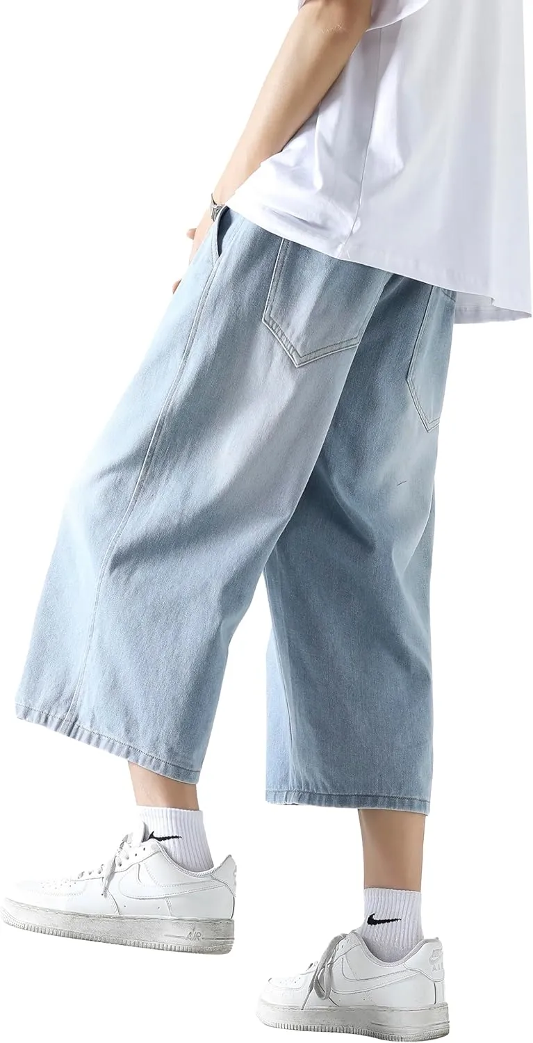 DOSLAVIDA Men's Baggy Jean Shorts Relaxed Fit Summer Denim Short Casual Loose Fit Hip Hop Skateboard Cropped Jeans