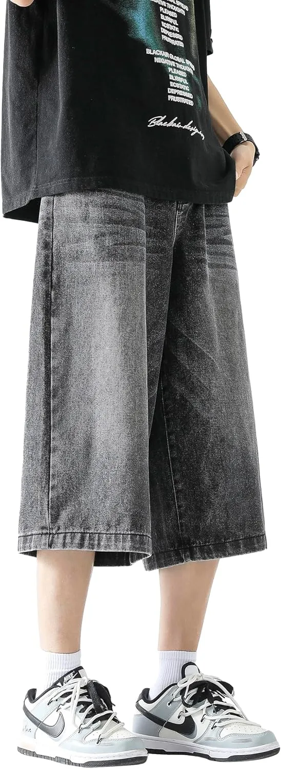 DOSLAVIDA Men's Baggy Jean Shorts Relaxed Fit Summer Denim Short Casual Loose Fit Hip Hop Skateboard Cropped Jeans