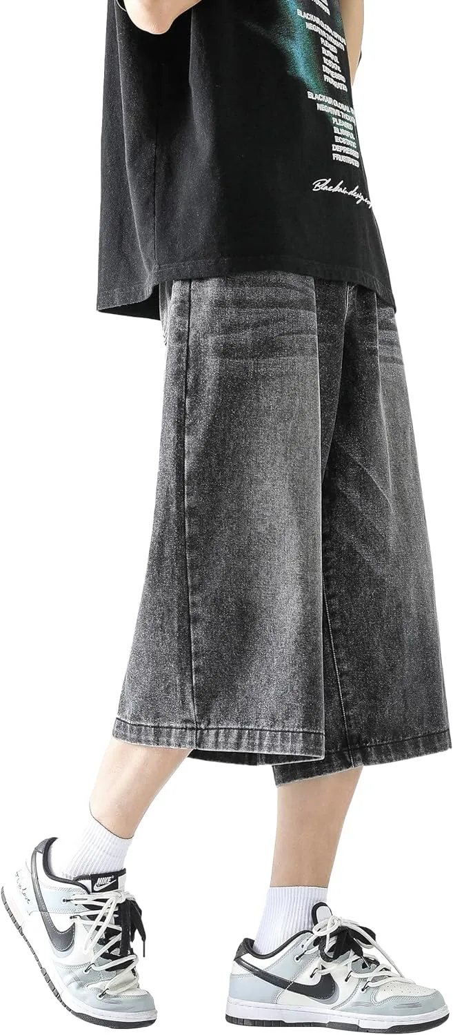 DOSLAVIDA Men's Baggy Jean Shorts Relaxed Fit Summer Denim Short Casual Loose Fit Hip Hop Skateboard Cropped Jeans