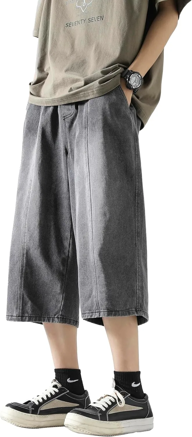 DOSLAVIDA Men's Baggy Jean Shorts Relaxed Fit Summer Denim Short Casual Loose Fit Hip Hop Skateboard Cropped Jeans