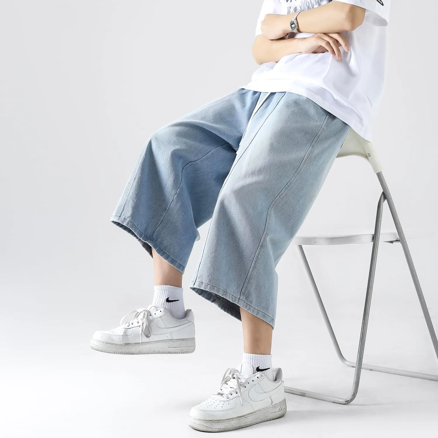 DOSLAVIDA Men's Baggy Jean Shorts Relaxed Fit Summer Denim Short Casual Loose Fit Hip Hop Skateboard Cropped Jeans