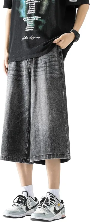 DOSLAVIDA Men's Baggy Jean Shorts Relaxed Fit Summer Denim Short Casual Loose Fit Hip Hop Skateboard Cropped Jeans