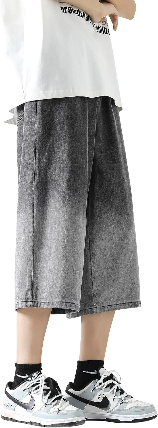 DOSLAVIDA Men's Baggy Jean Shorts Relaxed Fit Summer Denim Short Casual Loose Fit Hip Hop Skateboard Cropped Jeans