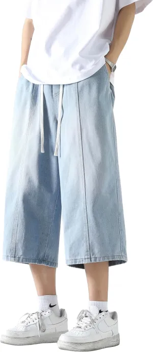DOSLAVIDA Men's Baggy Jean Shorts Relaxed Fit Summer Denim Short Casual Loose Fit Hip Hop Skateboard Cropped Jeans