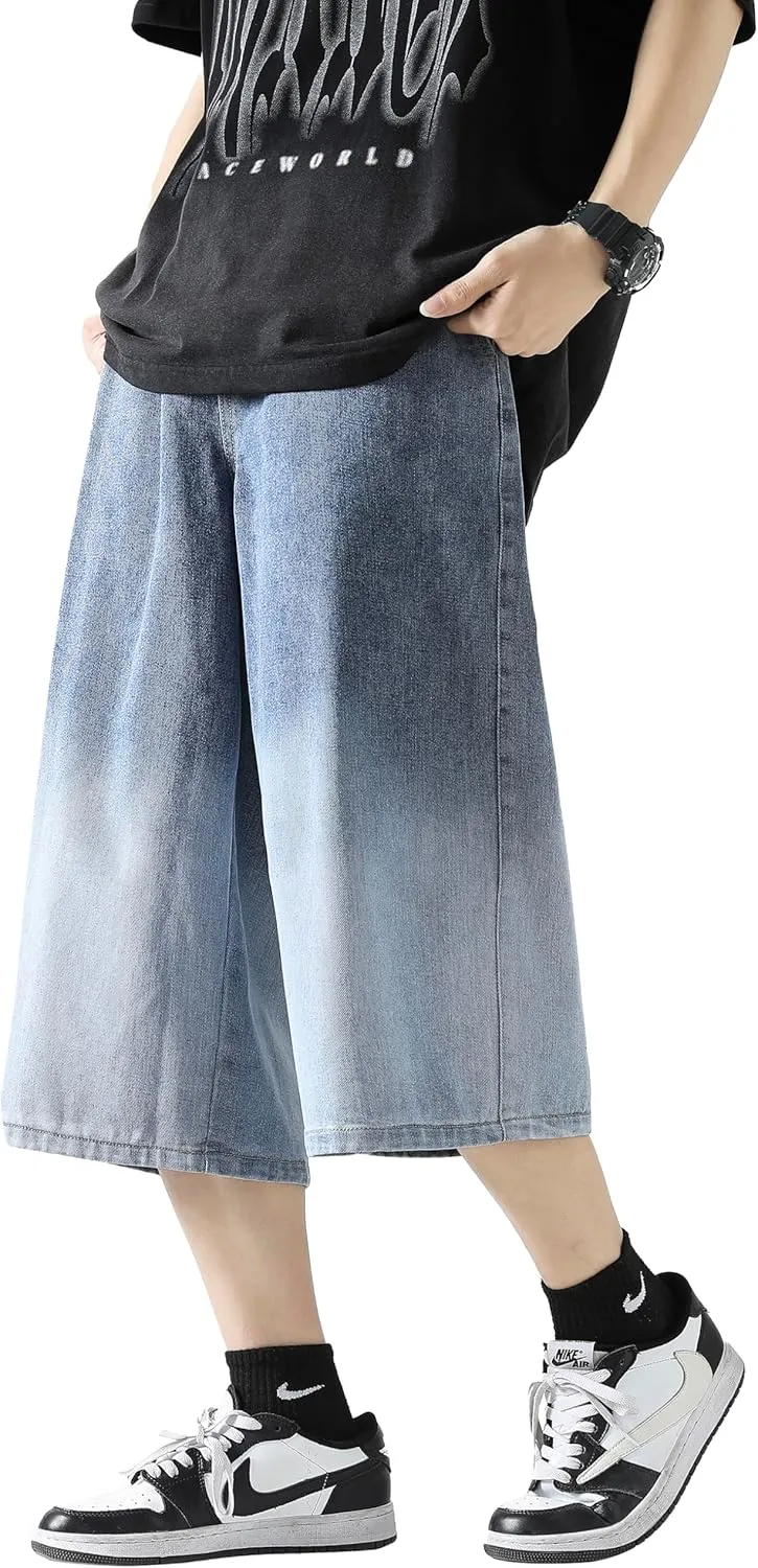 DOSLAVIDA Men's Baggy Jean Shorts Relaxed Fit Summer Denim Short Casual Loose Fit Hip Hop Skateboard Cropped Jeans