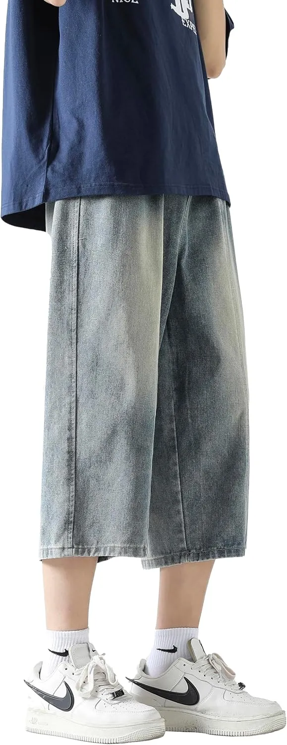 DOSLAVIDA Men's Baggy Jean Shorts Relaxed Fit Summer Denim Short Casual Loose Fit Hip Hop Skateboard Cropped Jeans