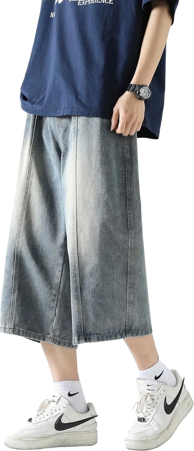 DOSLAVIDA Men's Baggy Jean Shorts Relaxed Fit Summer Denim Short Casual Loose Fit Hip Hop Skateboard Cropped Jeans