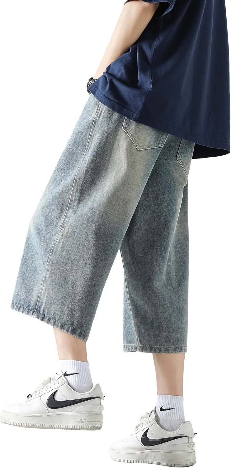 DOSLAVIDA Men's Baggy Jean Shorts Relaxed Fit Summer Denim Short Casual Loose Fit Hip Hop Skateboard Cropped Jeans