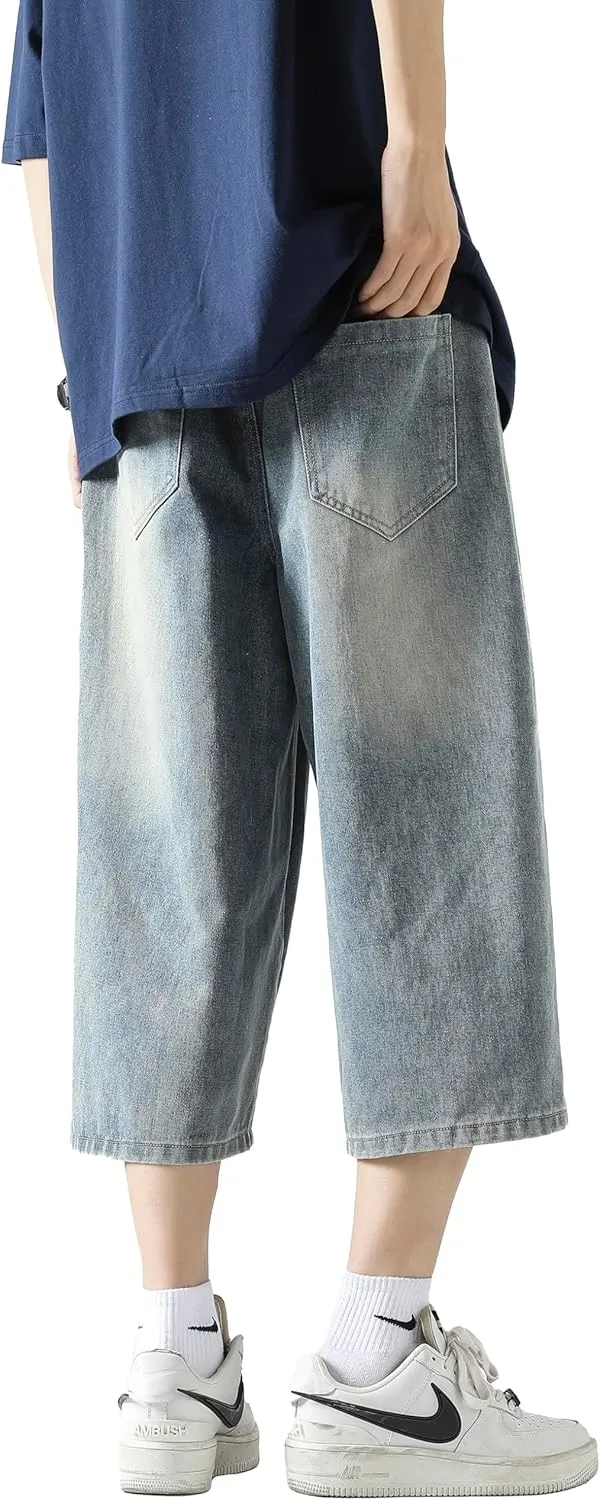 DOSLAVIDA Men's Baggy Jean Shorts Relaxed Fit Summer Denim Short Casual Loose Fit Hip Hop Skateboard Cropped Jeans