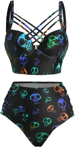DRESSFO Gothic Galaxy Skull Print Bikini Set Retro Vintage Tummy Control Two Piece Tankini