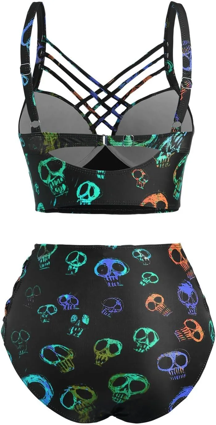 DRESSFO Gothic Galaxy Skull Print Bikini Set Retro Vintage Tummy Control Two Piece Tankini