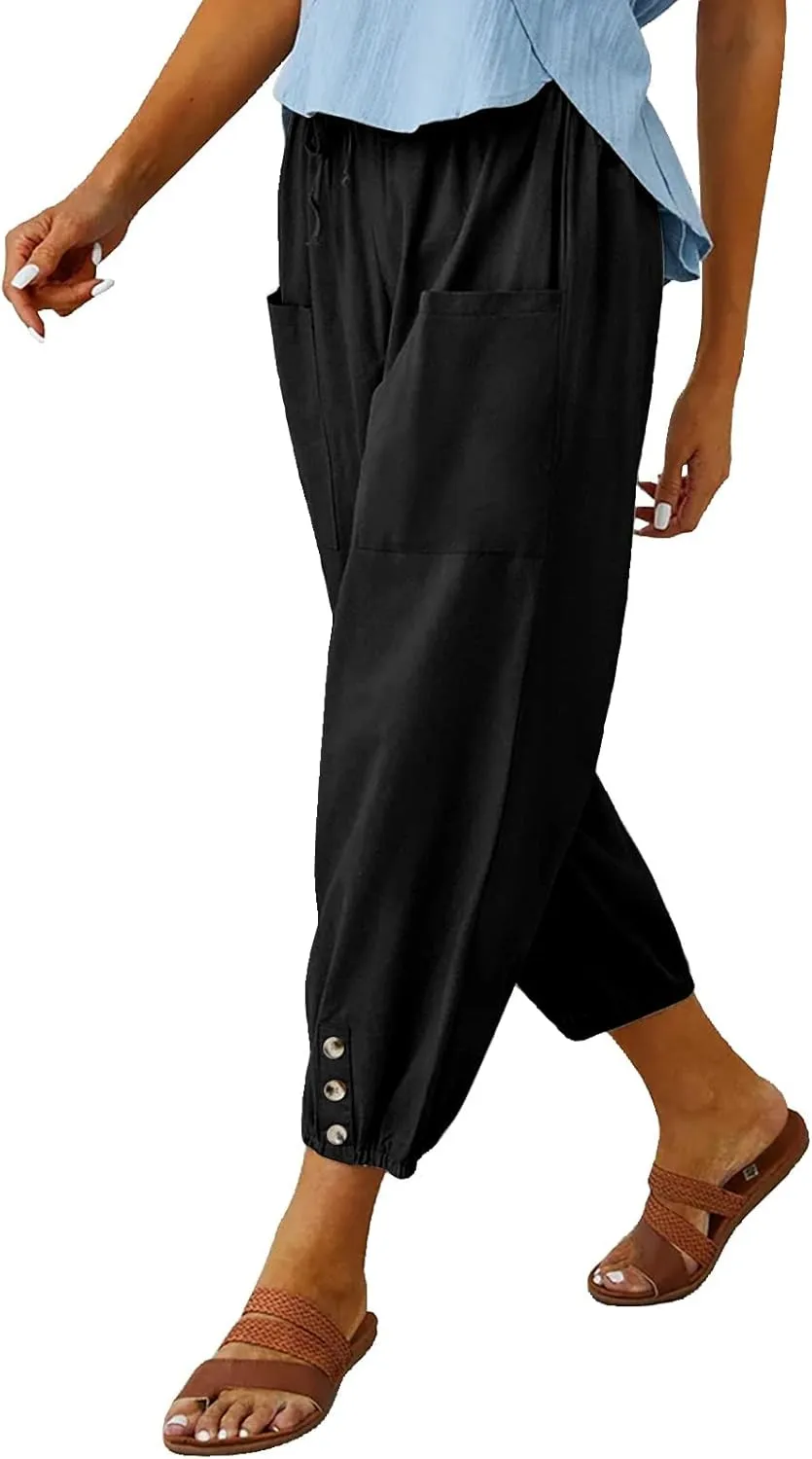 Ecokauer Women's High Waist Drawstring Capri Pants Loose Wide Leg Cropped Lounge Trousers with Pocket