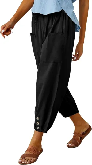 Ecokauer Women's High Waist Drawstring Capri Pants Loose Wide Leg Cropped Lounge Trousers with Pocket