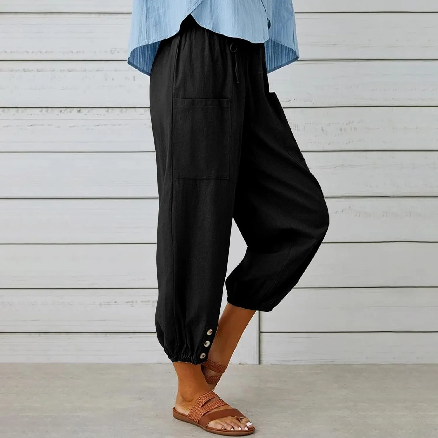 Ecokauer Women's High Waist Drawstring Capri Pants Loose Wide Leg Cropped Lounge Trousers with Pocket