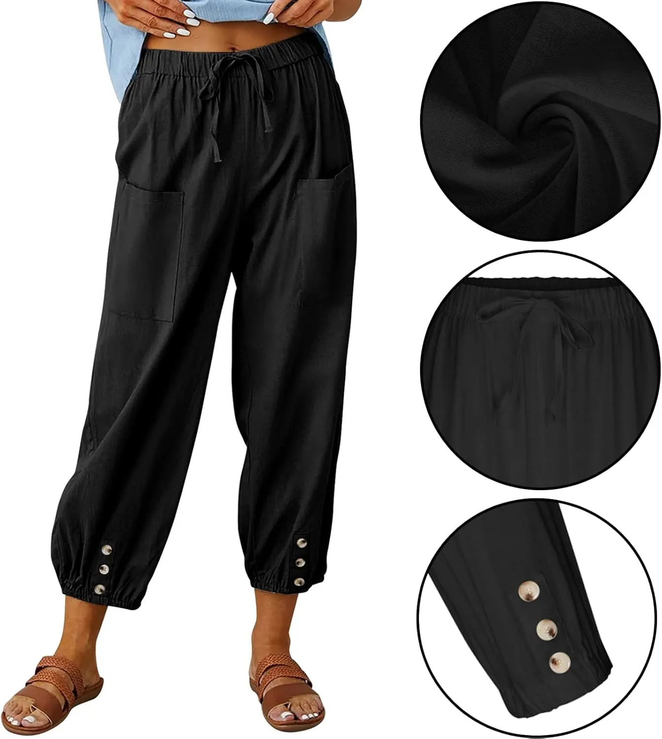 Ecokauer Women's High Waist Drawstring Capri Pants Loose Wide Leg Cropped Lounge Trousers with Pocket