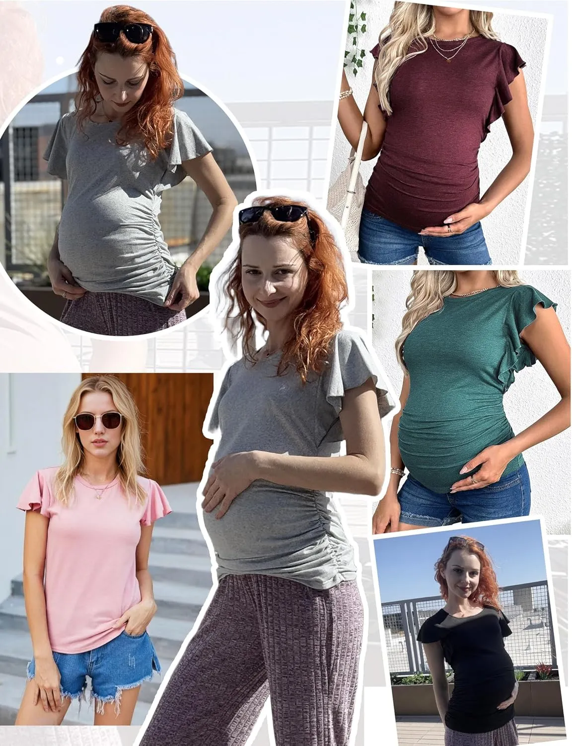 Ekouaer Women's Maternity Shirts 3 Packs Flying Short Sleeve Pregnancy Tops Side Ruched Tunic Blouse Mama Clothes S-XXL