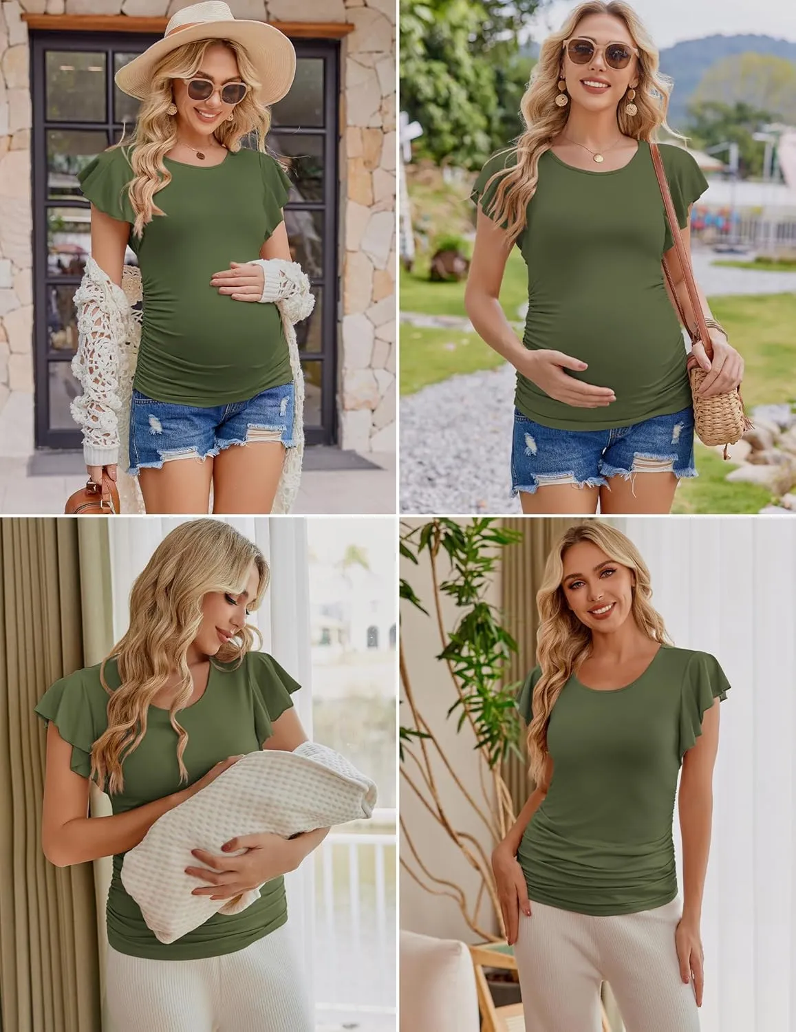 Ekouaer Women's Maternity Shirts 3 Packs Flying Short Sleeve Pregnancy Tops Side Ruched Tunic Blouse Mama Clothes S-XXL
