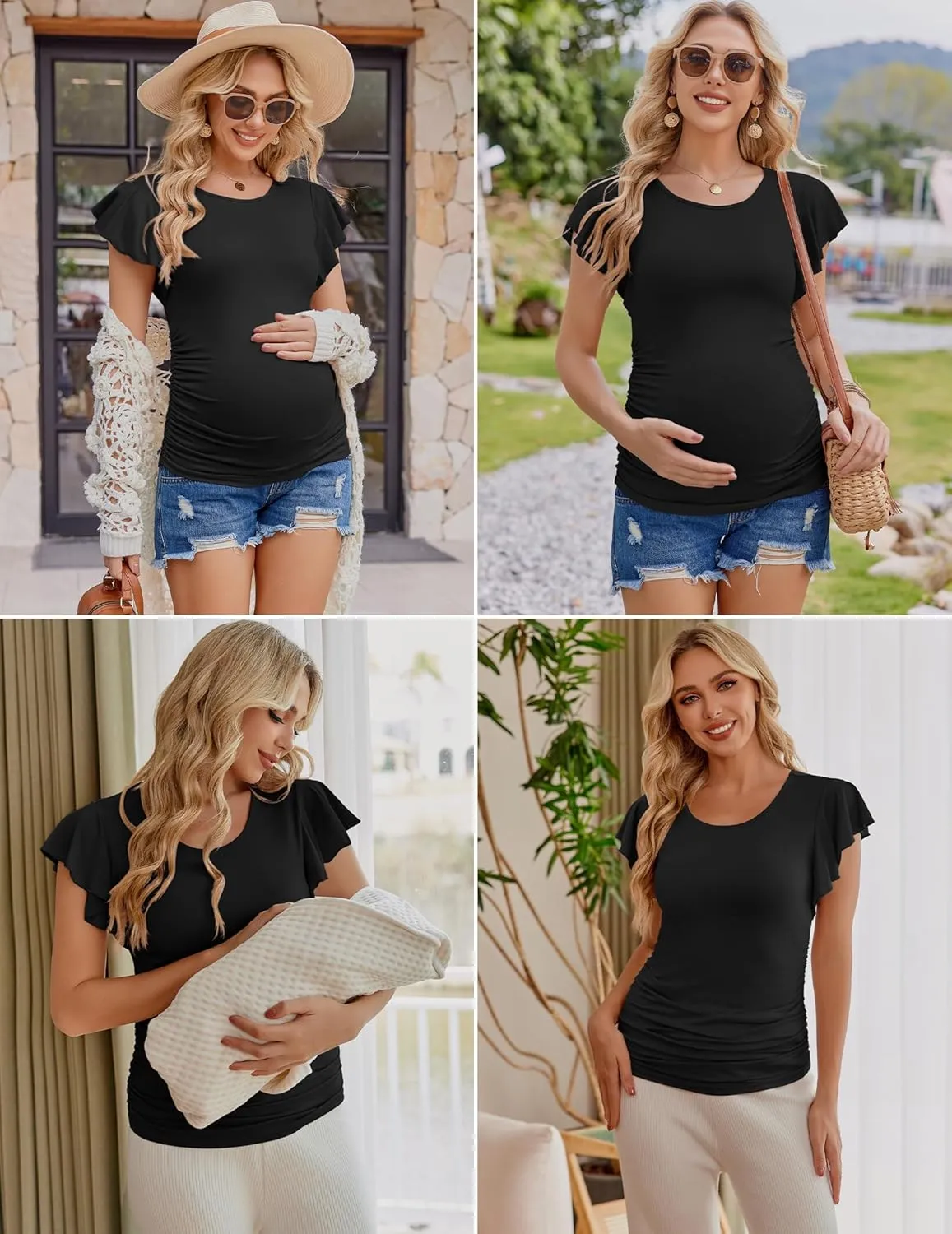 Ekouaer Women's Maternity Shirts 3 Packs Flying Short Sleeve Pregnancy Tops Side Ruched Tunic Blouse Mama Clothes S-XXL