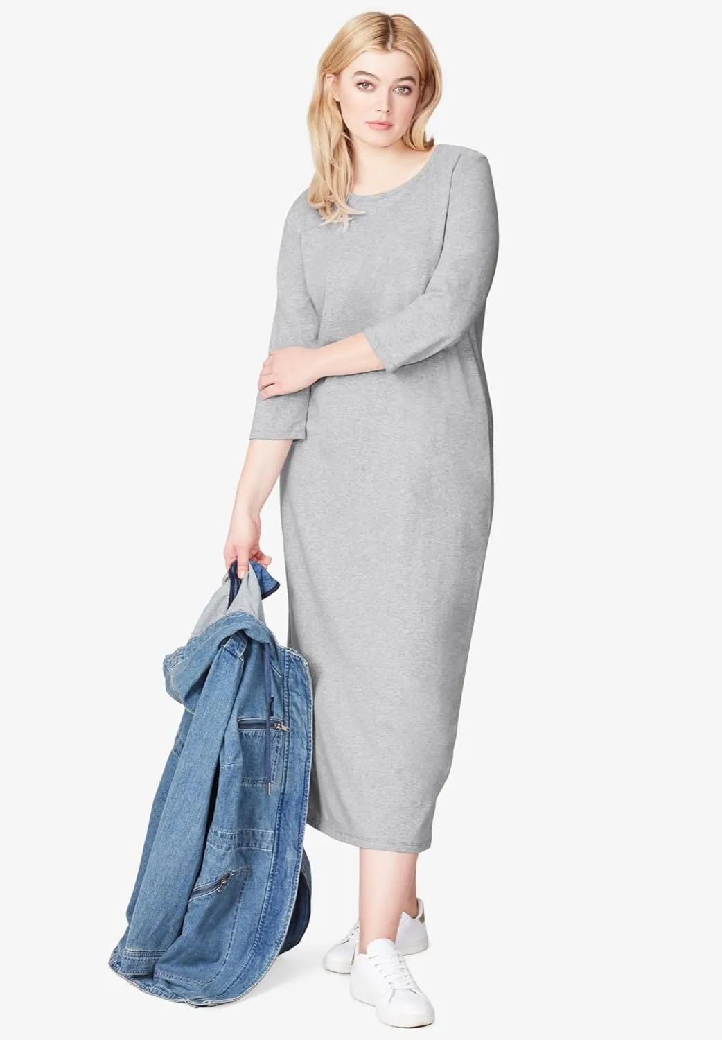 ellos Plus Size Three-Quarter Sleeve Knit Maxi Dress