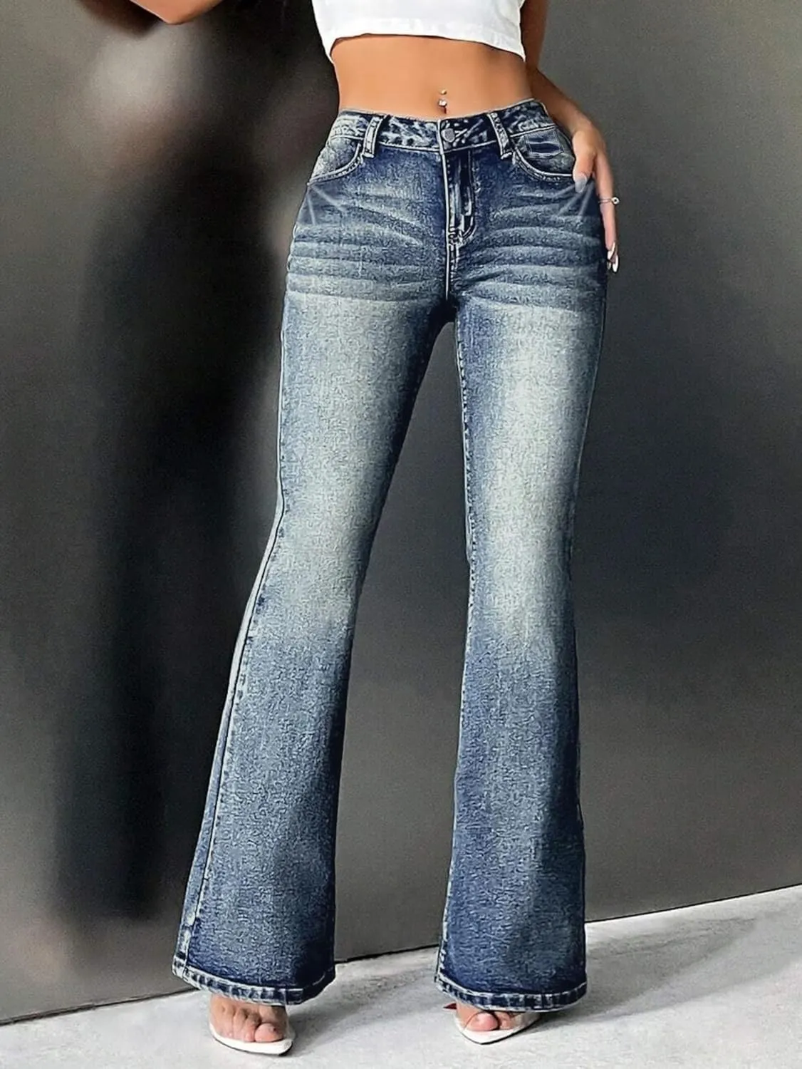 EMMIOL Women's Mid-High Rise Flared Bell Bottom Stretch Jeans Boyfriends Jeans Y2K 90s Denim Pants