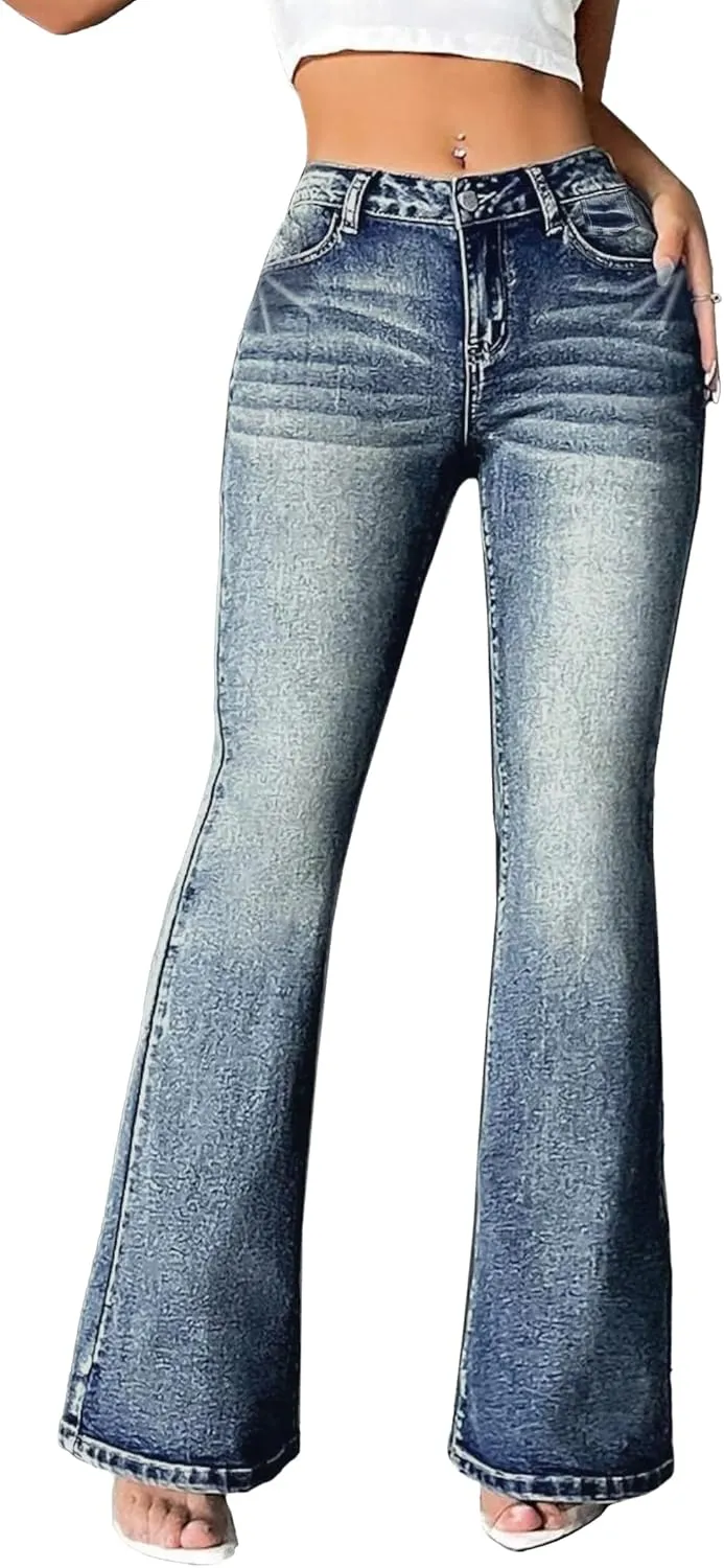 EMMIOL Women's Mid-High Rise Flared Bell Bottom Stretch Jeans Boyfriends Jeans Y2K 90s Denim Pants
