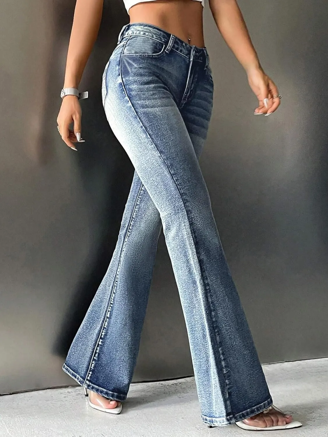 EMMIOL Women's Mid-High Rise Flared Bell Bottom Stretch Jeans Boyfriends Jeans Y2K 90s Denim Pants