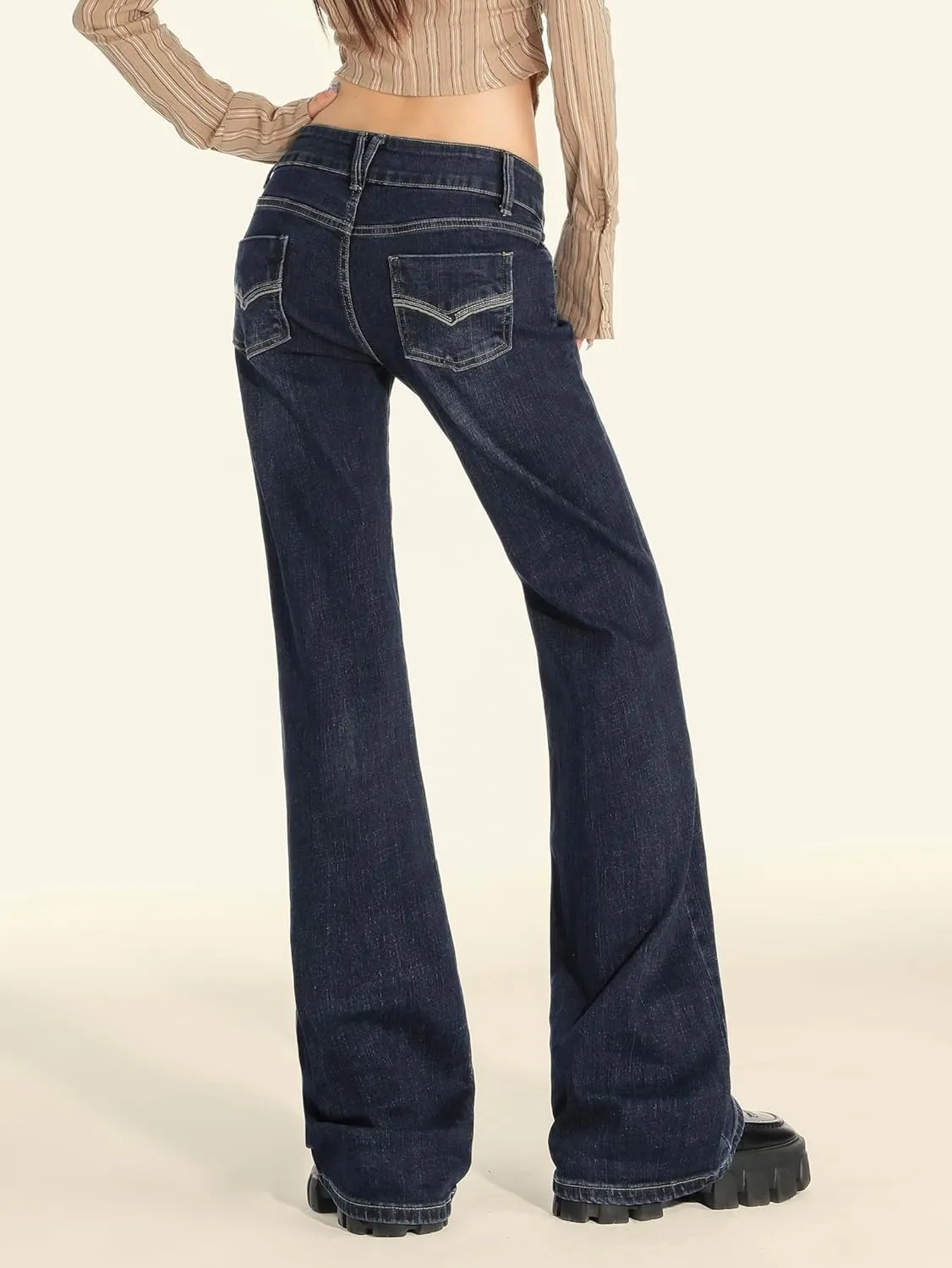 EMMIOL Women's Mid-High Rise Flared Bell Bottom Stretch Jeans Boyfriends Jeans Y2K 90s Denim Pants