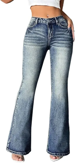 EMMIOL Women's Mid-High Rise Flared Bell Bottom Stretch Jeans Boyfriends Jeans Y2K 90s Denim Pants