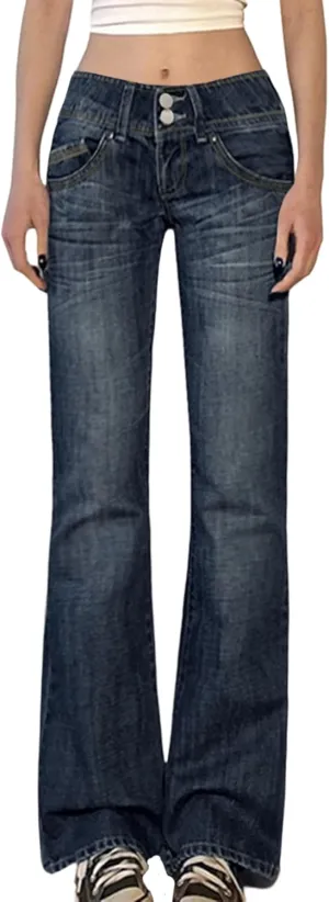 EMMIOL Women's Mid-High Rise Flared Bell Bottom Stretch Jeans Boyfriends Jeans Y2K 90s Denim Pants