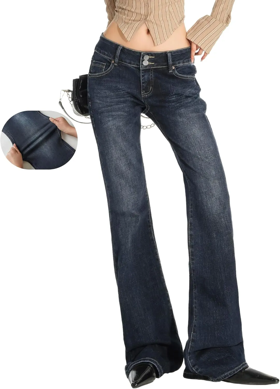 EMMIOL Women's Mid-High Rise Flared Bell Bottom Stretch Jeans Boyfriends Jeans Y2K 90s Denim Pants