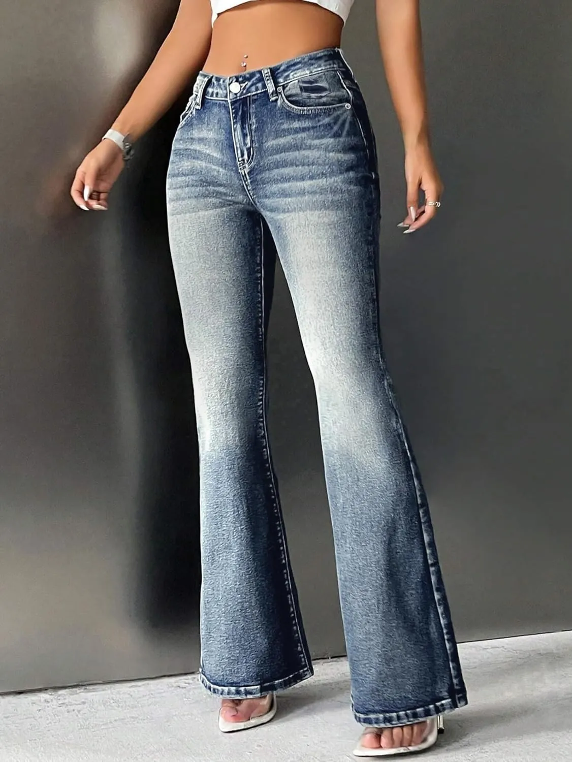 EMMIOL Women's Mid-High Rise Flared Bell Bottom Stretch Jeans Boyfriends Jeans Y2K 90s Denim Pants