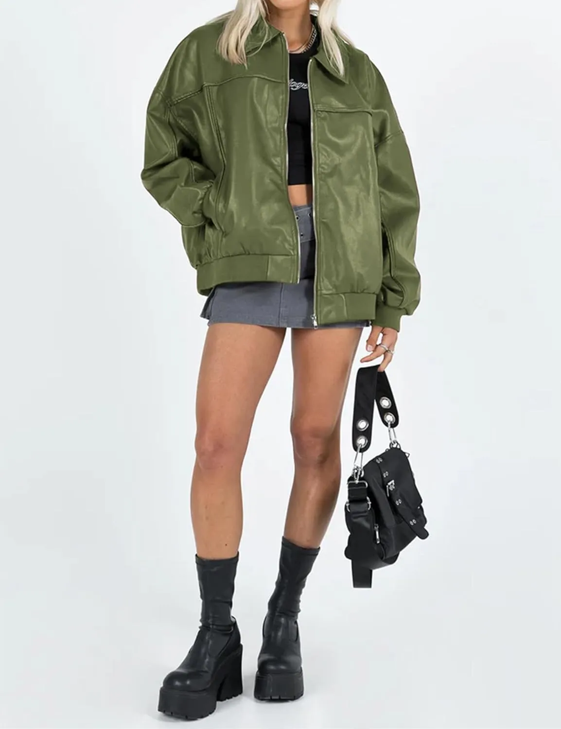 EsheSy Women's Oversized Leather Jacket Faux Boyfriend Motorcycle Full Zip Bomber Jacket with Pockets