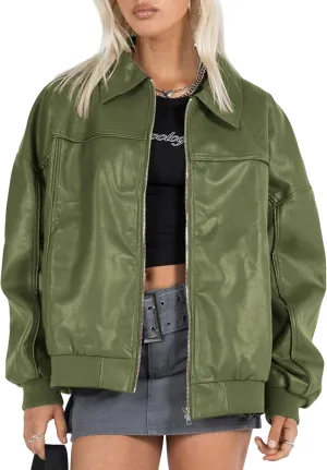 EsheSy Women's Oversized Leather Jacket Faux Boyfriend Motorcycle Full Zip Bomber Jacket with Pockets
